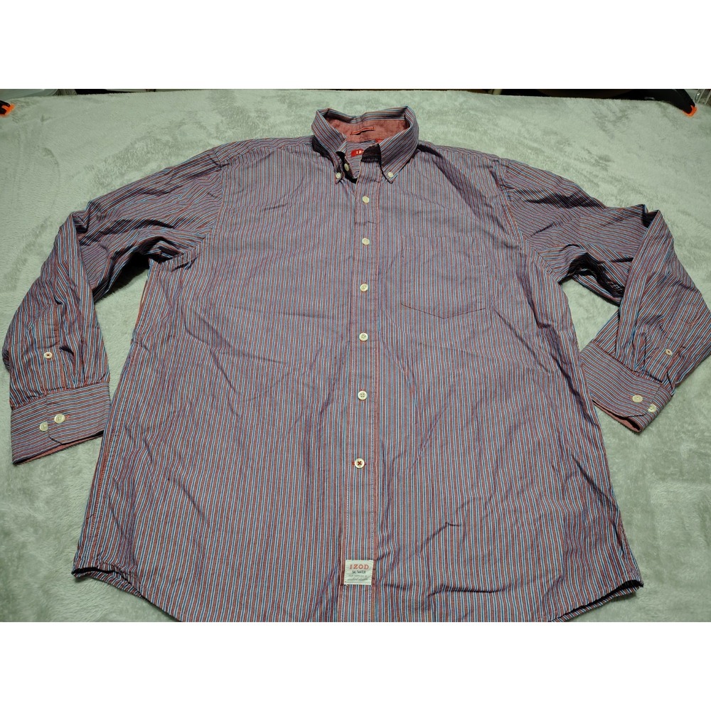 IZOD Shirt Men L Red/Blue Stripe Long Sleeve Preppy College Work Button Down